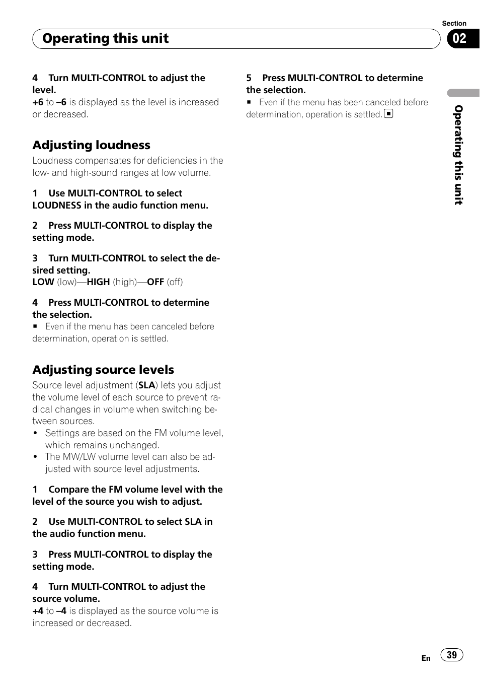 Adjusting loudness 39, Adjusting source levels 39, Operating this unit | Adjusting loudness, Adjusting source levels | Pioneer DVH-P4100UB User Manual | Page 39 / 81