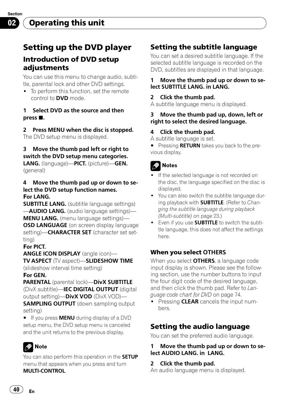 Setting up the dvd player, Introduction of dvd setup, Adjustments | Setting the subtitle language 40, Setting the audio language 40, Operating this unit, Introduction of dvd setup adjustments, Setting the subtitle language, Setting the audio language | Pioneer DVH-P4100UB User Manual | Page 40 / 81