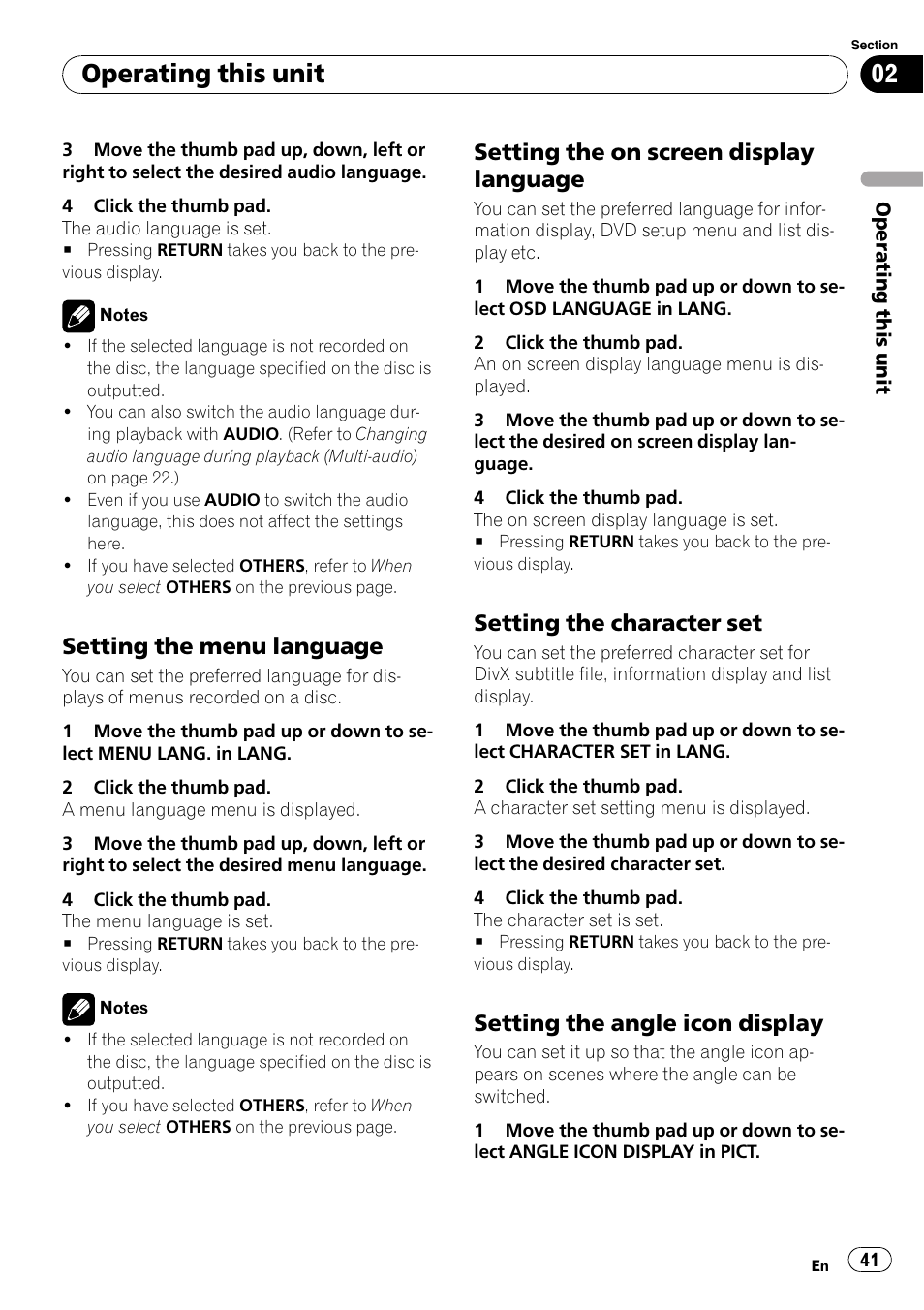 Setting the menu language 41, Setting the on screen display, Language | Setting the character set 41, Setting the angle icon display 41, Operating this unit, Setting the menu language, Setting the on screen display language, Setting the character set, Setting the angle icon display | Pioneer DVH-P4100UB User Manual | Page 41 / 81