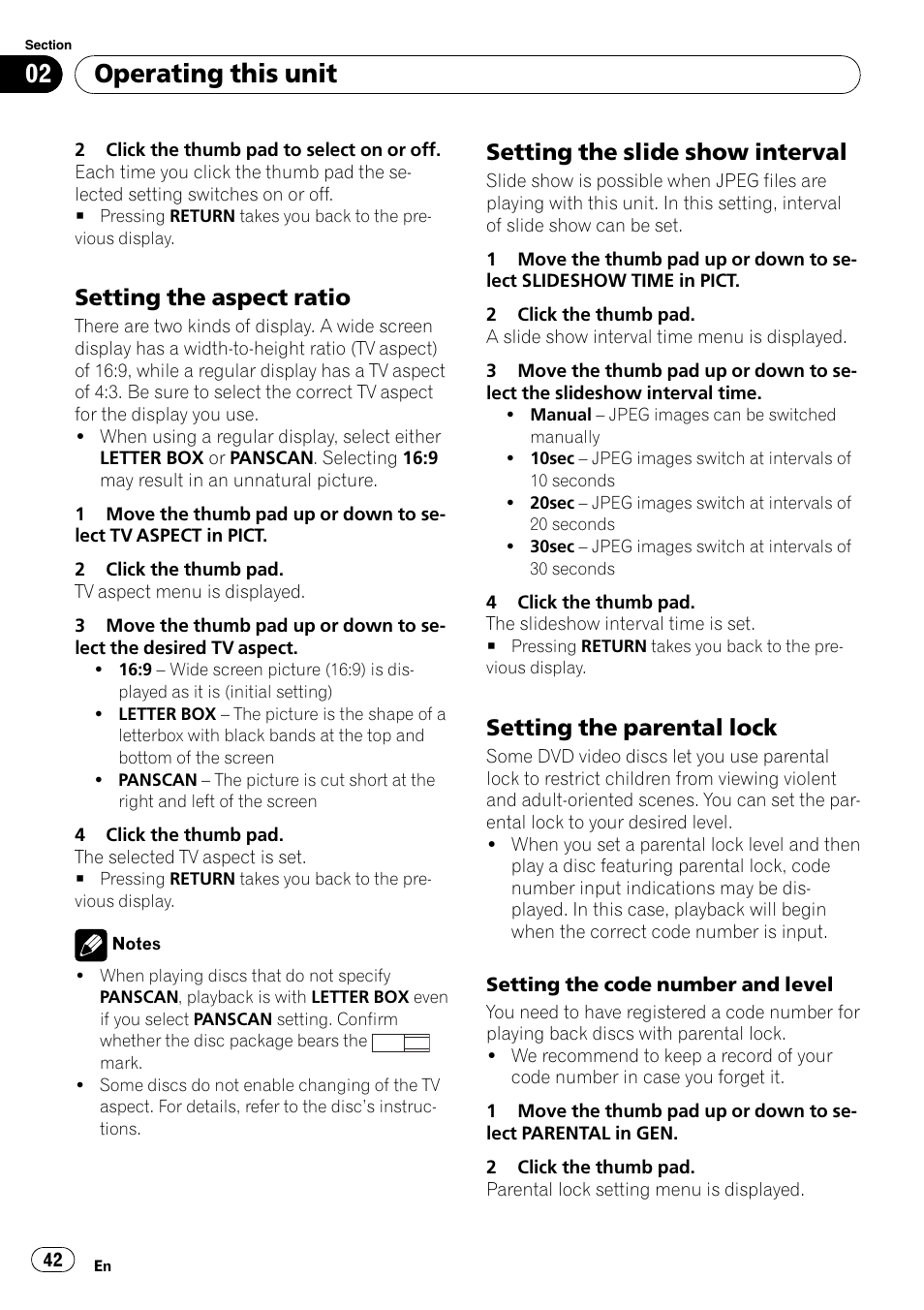 Setting the aspect ratio 42, Setting the slide show interval 42, Setting the parental lock 42 | Operating this unit, Setting the aspect ratio, Setting the slide show interval, Setting the parental lock | Pioneer DVH-P4100UB User Manual | Page 42 / 81