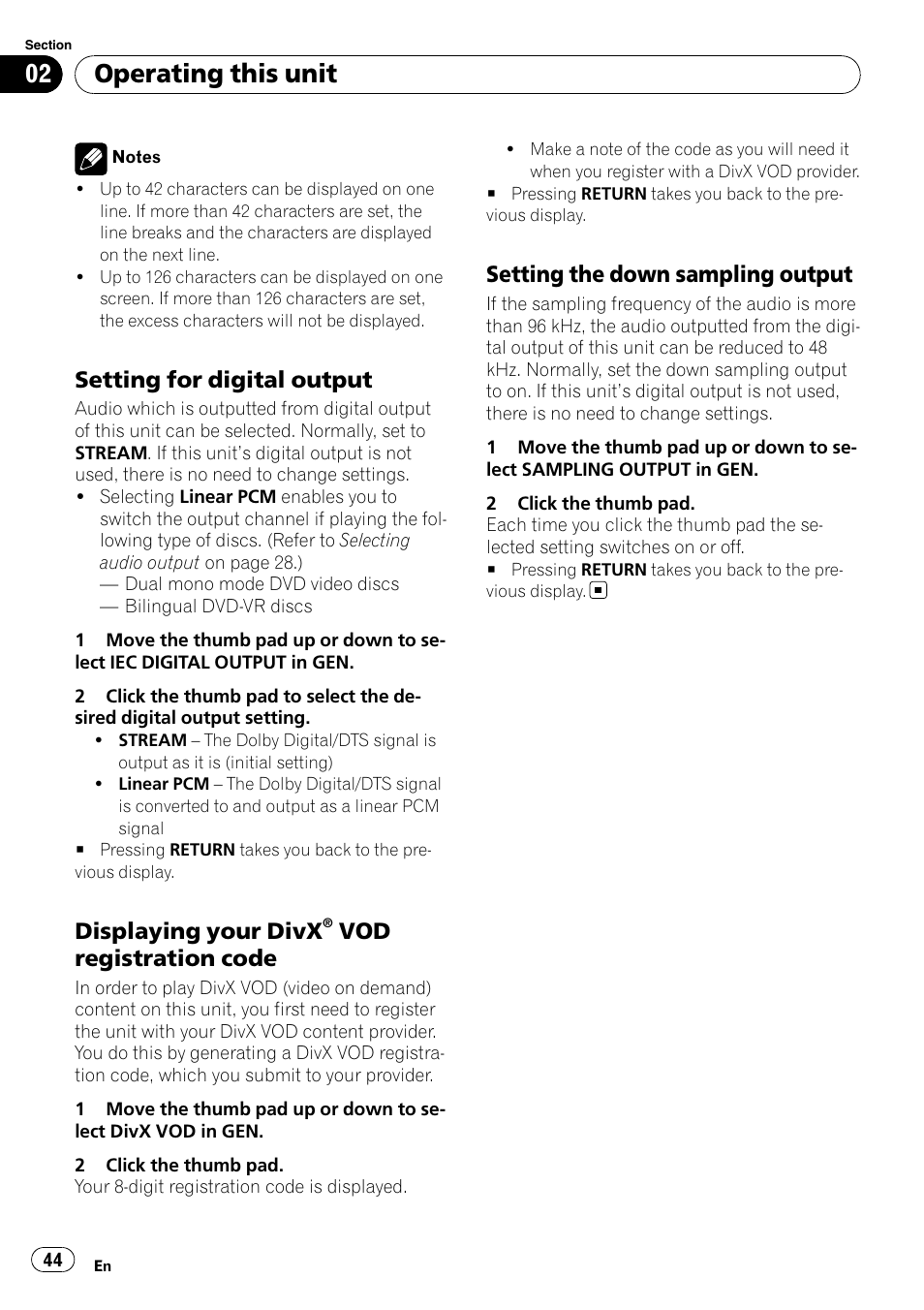 Setting for digital output 44, Displaying your divx® vod, Registration code | Setting the down sampling output 44, Operating this unit, Setting for digital output, Displaying your divx, Vod registration code, Setting the down sampling output | Pioneer DVH-P4100UB User Manual | Page 44 / 81
