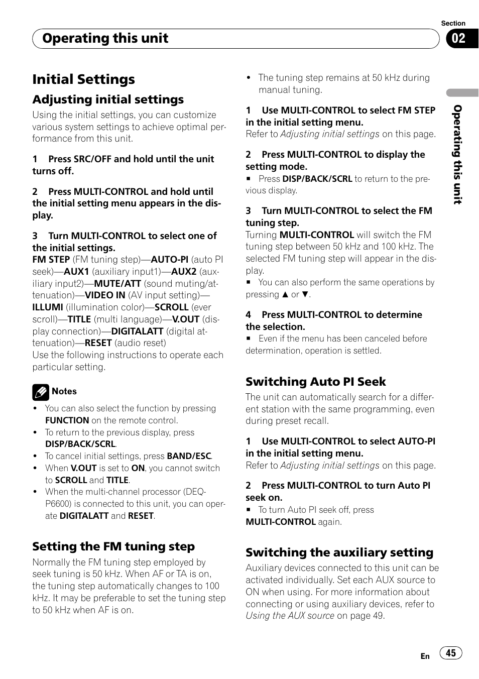 Initial settings, Adjusting initial settings 45, Setting the fm tuning step 45 | Switching auto pi seek 45, Switching the auxiliary setting 45, Switch, Operating this unit, Adjusting initial settings, Setting the fm tuning step, Switching auto pi seek | Pioneer DVH-P4100UB User Manual | Page 45 / 81