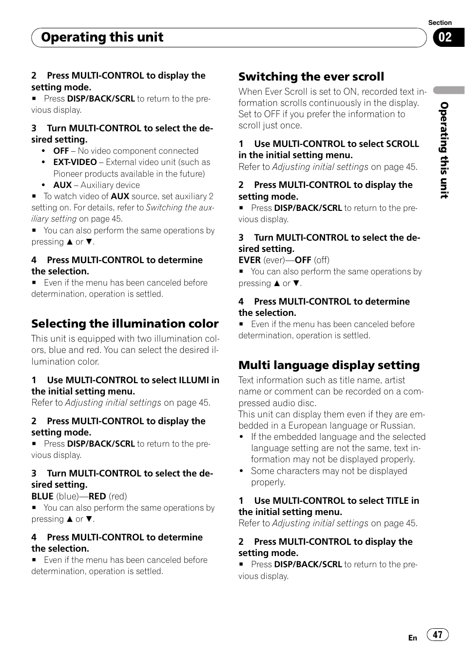 Selecting the illumination color 47, Switching the ever scroll 47, Multi language display setting 47 | Operating this unit, Selecting the illumination color, Switching the ever scroll, Multi language display setting | Pioneer DVH-P4100UB User Manual | Page 47 / 81