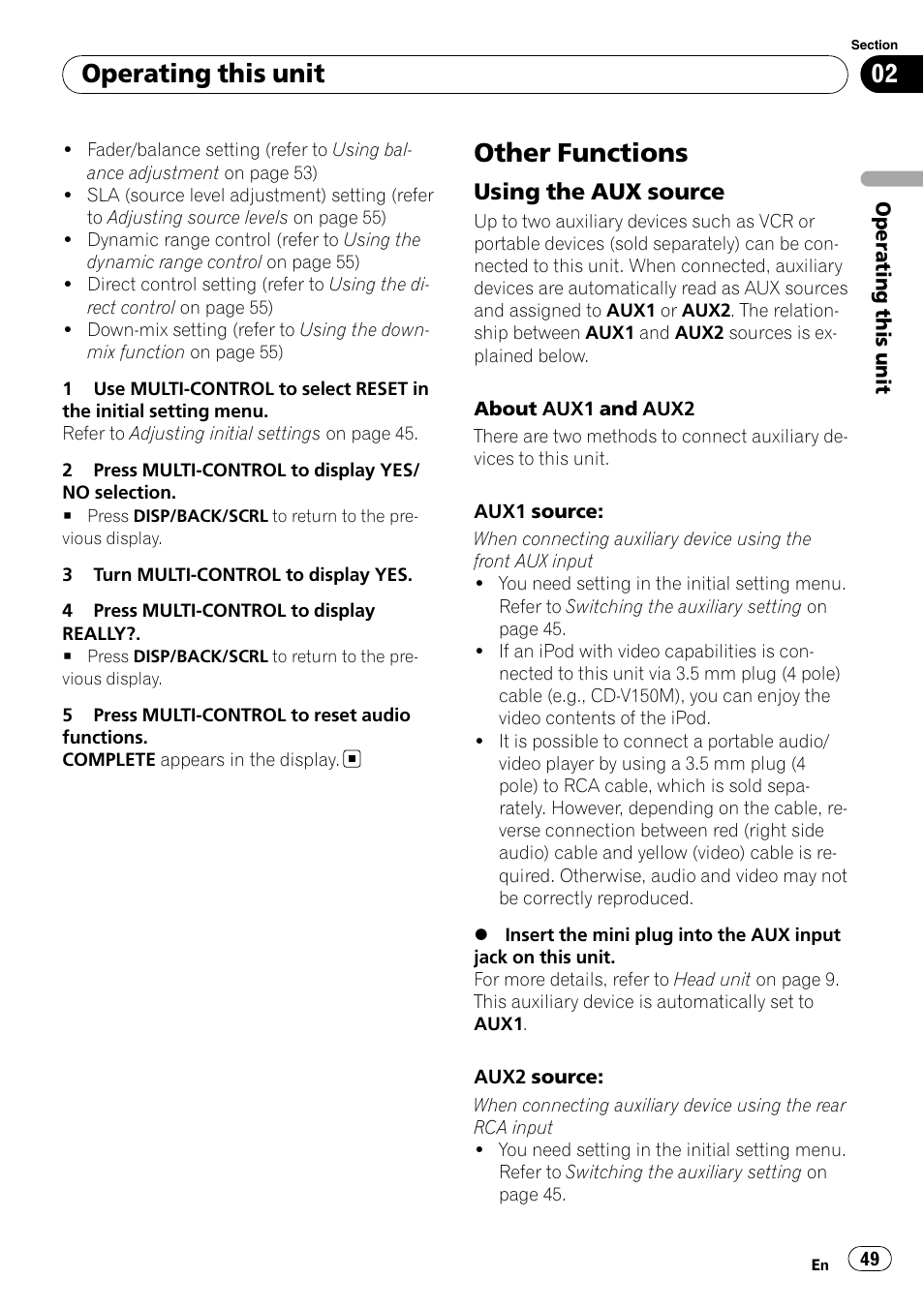 Other functions, Using the aux source 49, Operating this unit | Using the aux source | Pioneer DVH-P4100UB User Manual | Page 49 / 81