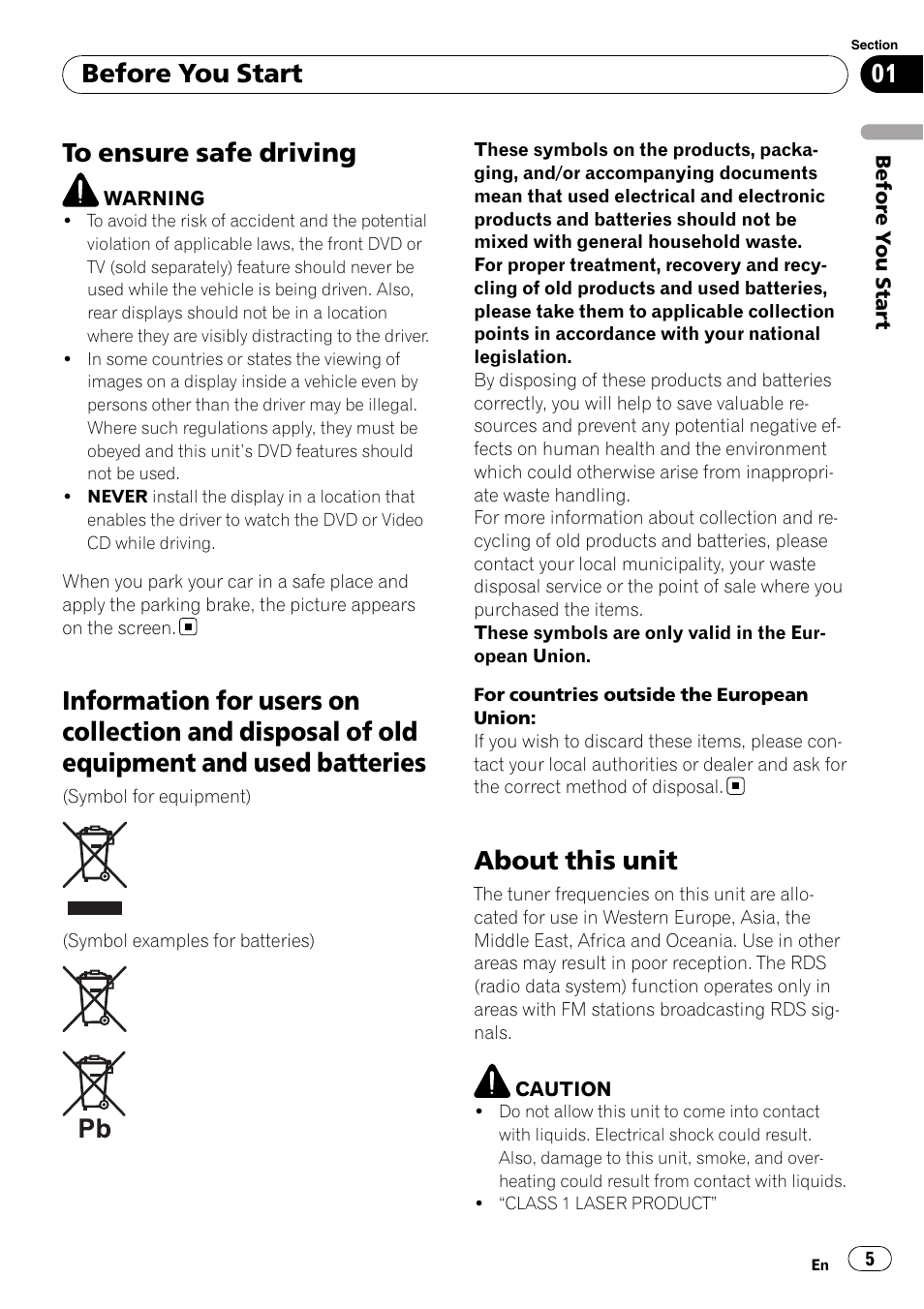 Before you start to ensure safe driving, Information for users on collection and, Disposal of old equipment and used batteries | About this unit, Before you start | Pioneer DVH-P4100UB User Manual | Page 5 / 81