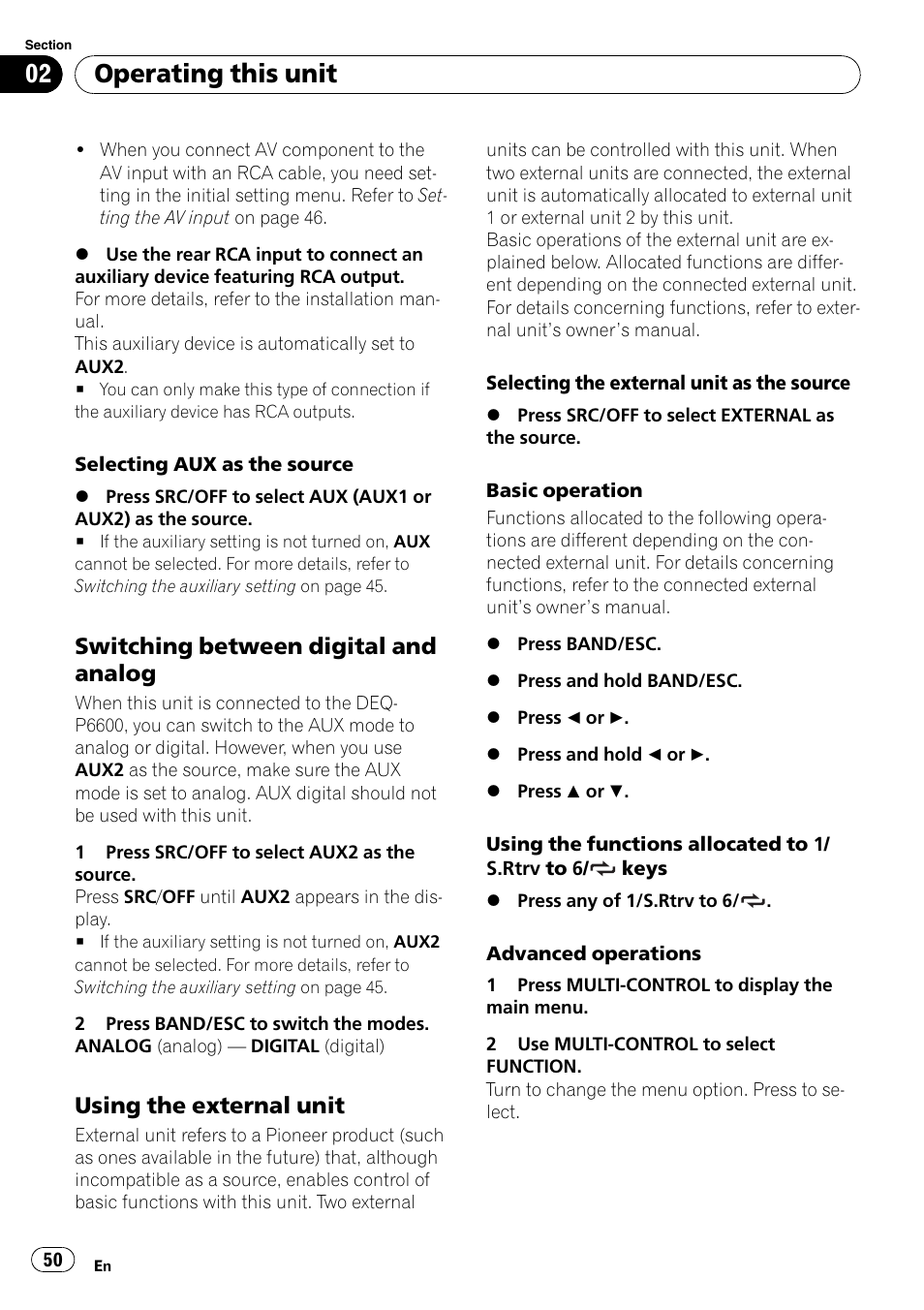 Switching between digital and, Analog, Using the external unit 50 | Operating this unit, Switching between digital and analog, Using the external unit | Pioneer DVH-P4100UB User Manual | Page 50 / 81