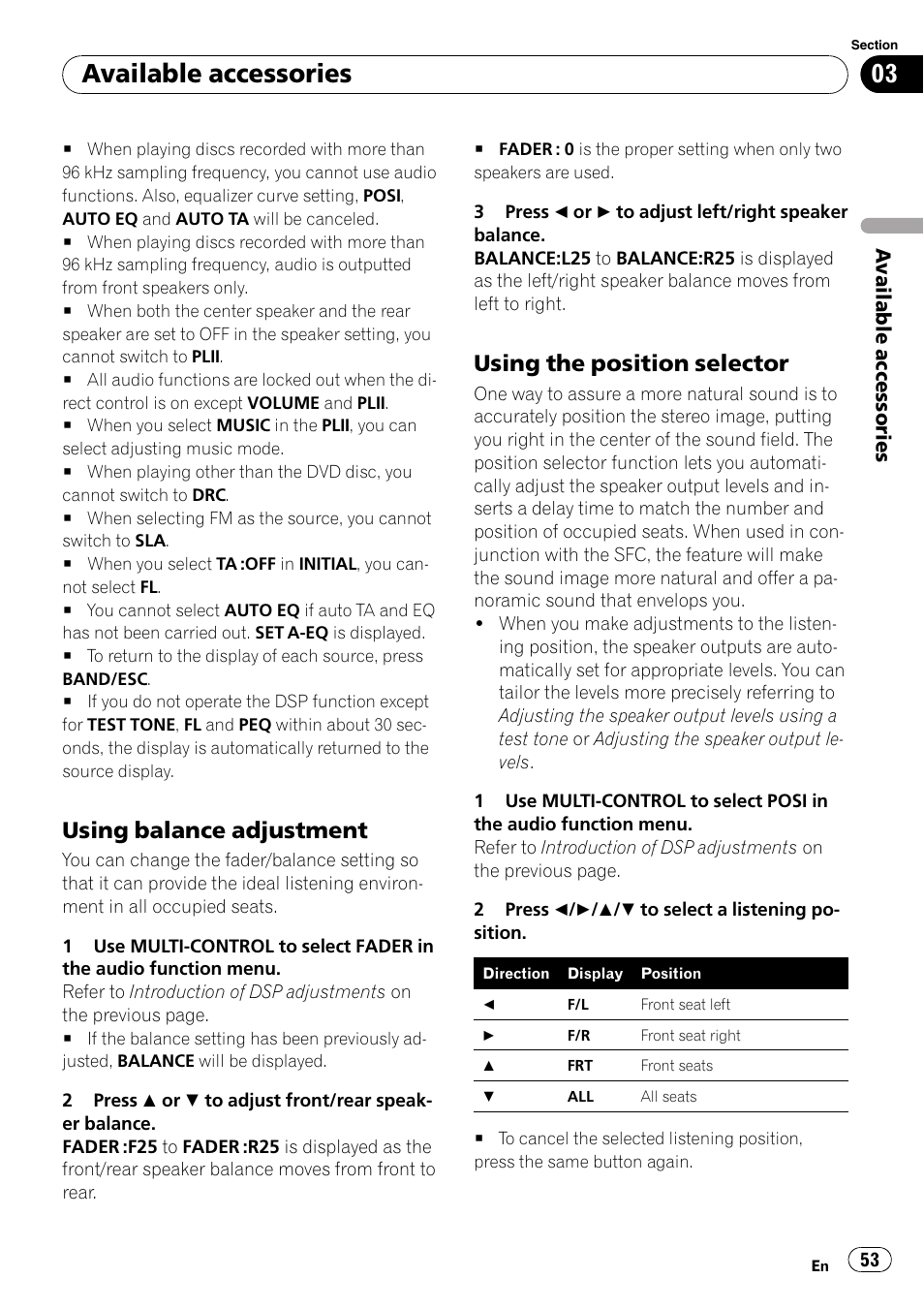 Using balance adjustment 53, Using the position selector 53, Using | Using bal, Using the position selector, Available accessories, Using balance adjustment | Pioneer DVH-P4100UB User Manual | Page 53 / 81
