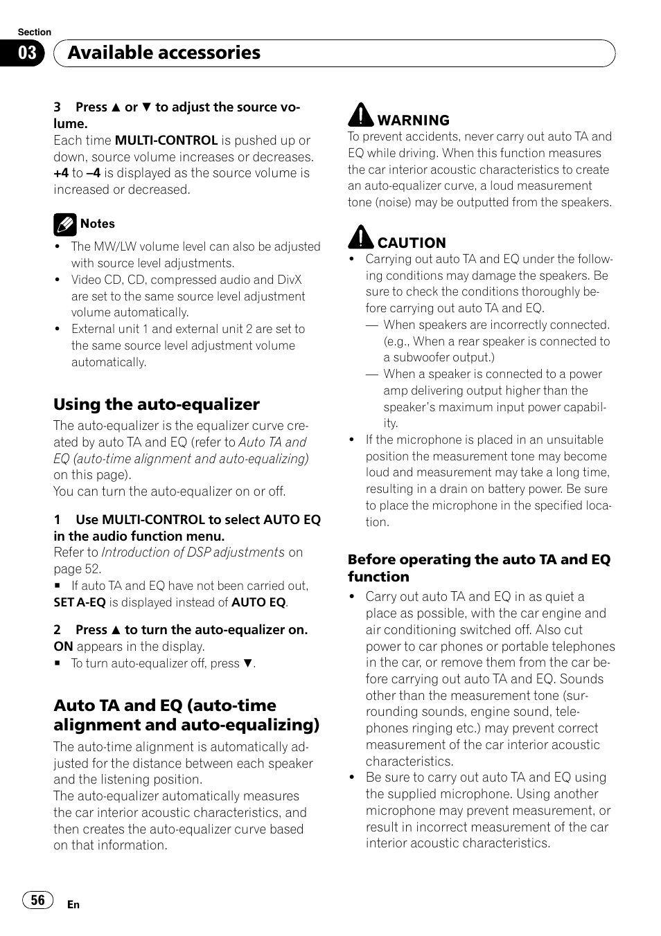 Using the auto-equalizer 56, Auto ta and eq (auto-time alignment, And auto-equalizing) | Available accessories, Using the auto-equalizer | Pioneer DVH-P4100UB User Manual | Page 56 / 81