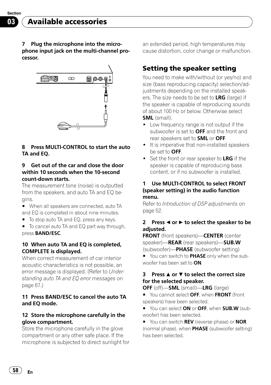 Setting the speaker setting 58, Setting the speaker setting, Available accessories | Pioneer DVH-P4100UB User Manual | Page 58 / 81