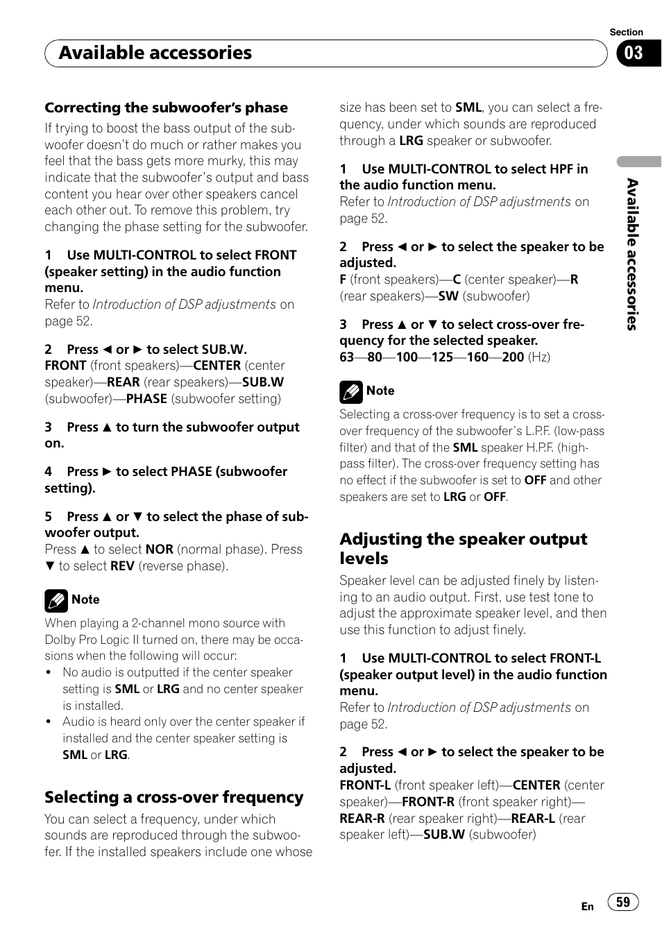 Selecting a cross-over frequency 59, Adjusting the speaker output, Levels | Selecting a cross-over frequency, Adjusting the speaker output levels, Adjusting the speaker output le- vels, Available accessories | Pioneer DVH-P4100UB User Manual | Page 59 / 81