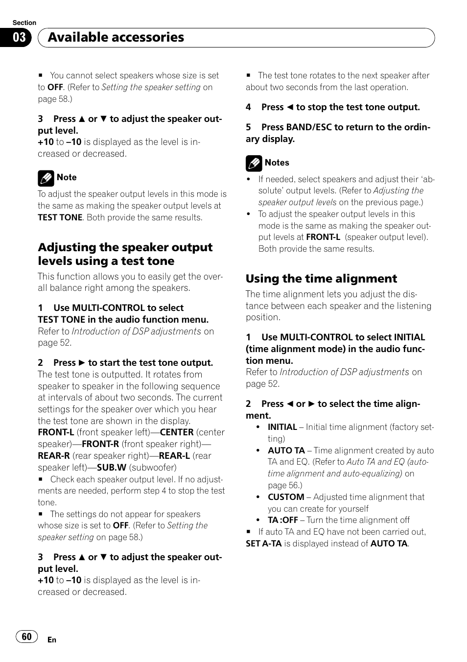 Adjusting the speaker output levels, Using a test tone, Using the time alignment 60 | Available accessories, Using the time alignment | Pioneer DVH-P4100UB User Manual | Page 60 / 81