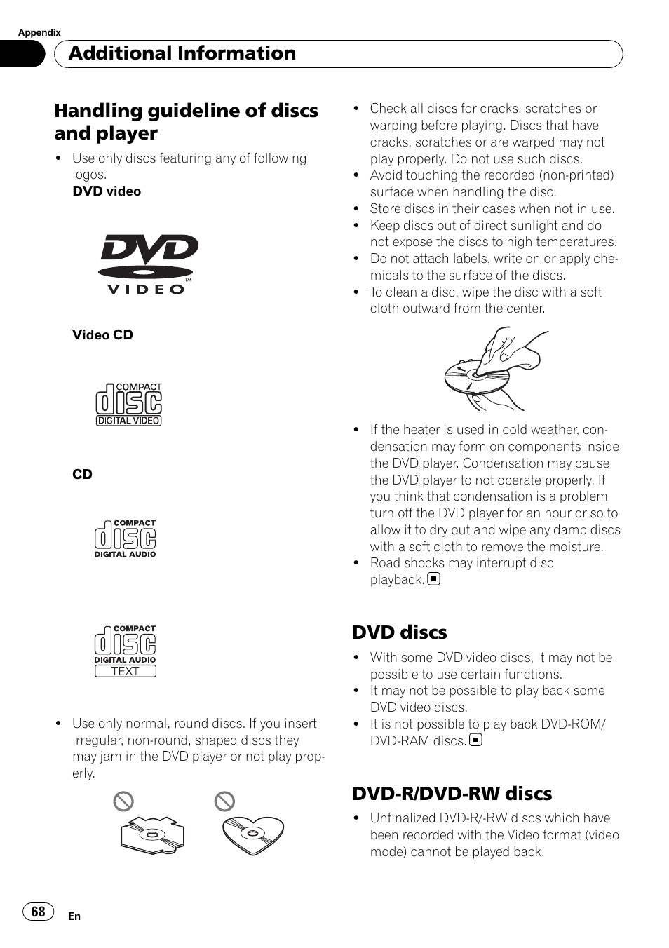 Handling guideline of discs and player 68, Handling guideline of discs and player, Dvd discs | Dvd-r/dvd-rw discs, Additional information | Pioneer DVH-P4100UB User Manual | Page 68 / 81