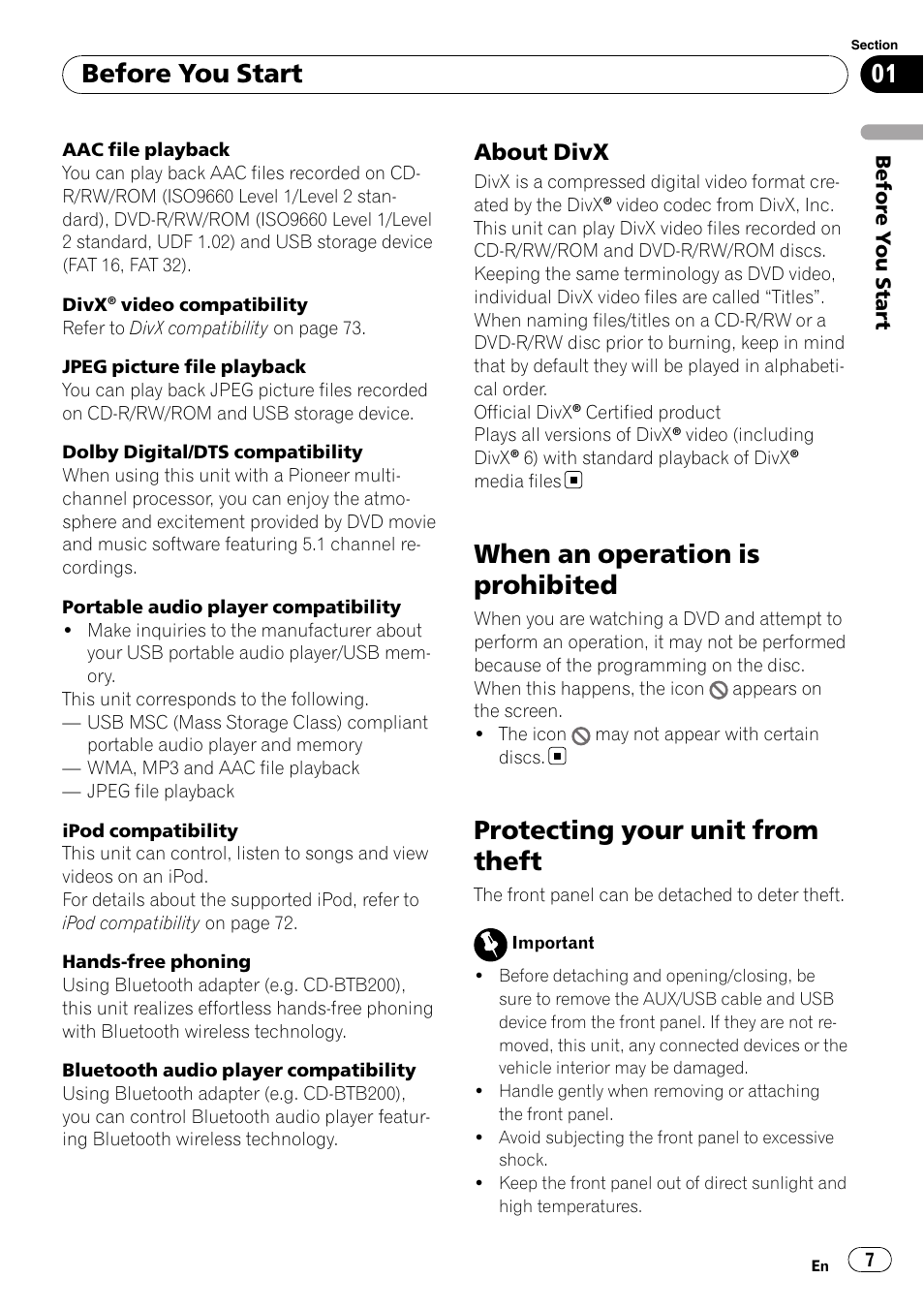 When an operation is prohibited 7, About divx 7, When an operation is prohibited | Protecting your unit from theft, Before you start, About divx | Pioneer DVH-P4100UB User Manual | Page 7 / 81