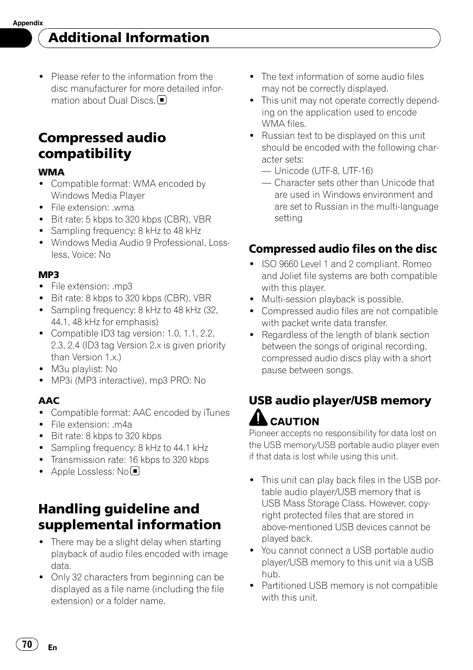 Compressed audio compatibility, Handling guideline and supplemental, Information | Compressed audio files on the, Disc, Usb audio player/usb memory 70, Audio player/usb memory, Usb audio player/usb memory, Handling guideline and supplemental information, Additional information | Pioneer DVH-P4100UB User Manual | Page 70 / 81