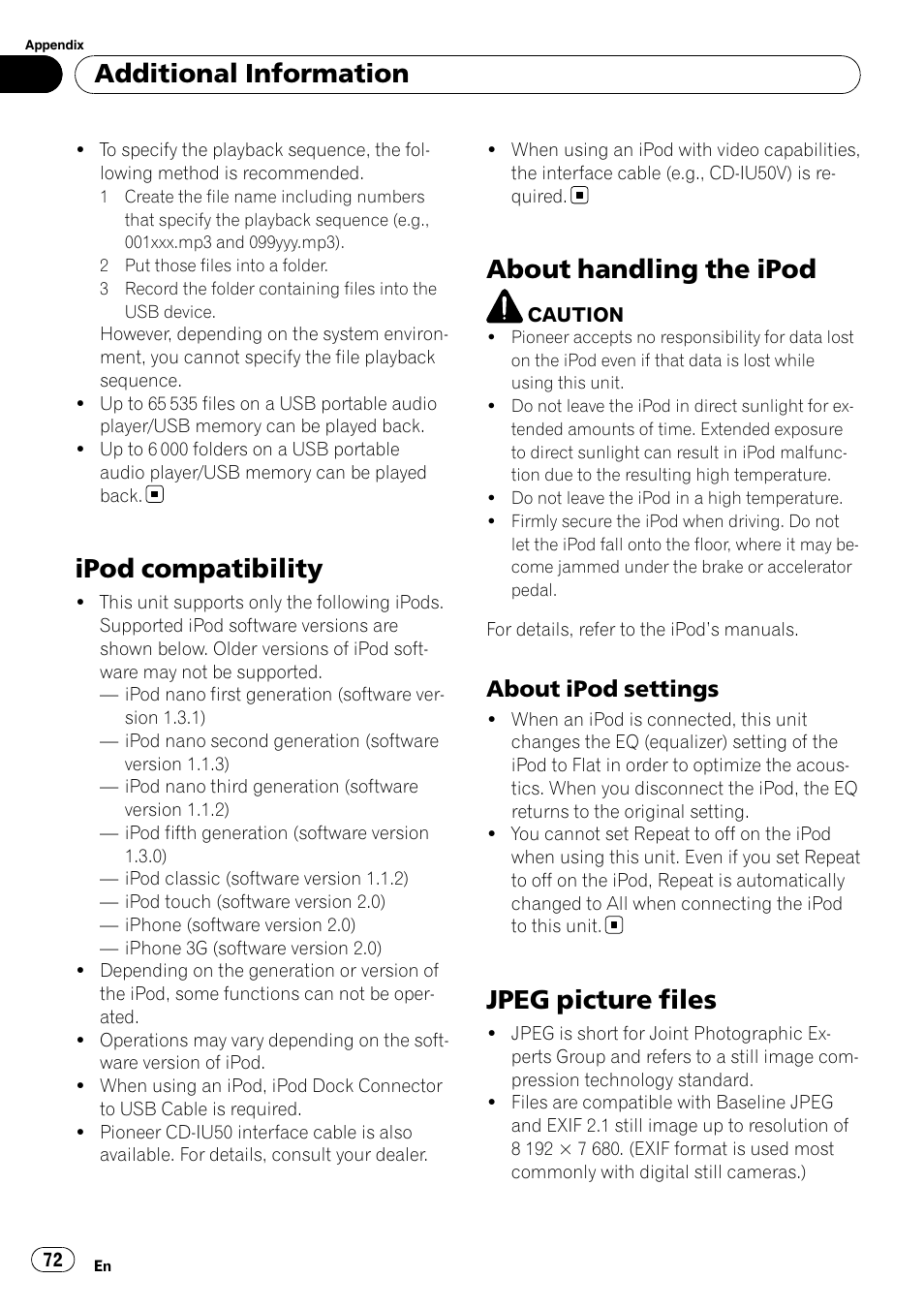 Ipod compatibility, About handling the ipod, About ipod settings 72 | Jpeg picture files, Additional information, About ipod settings | Pioneer DVH-P4100UB User Manual | Page 72 / 81