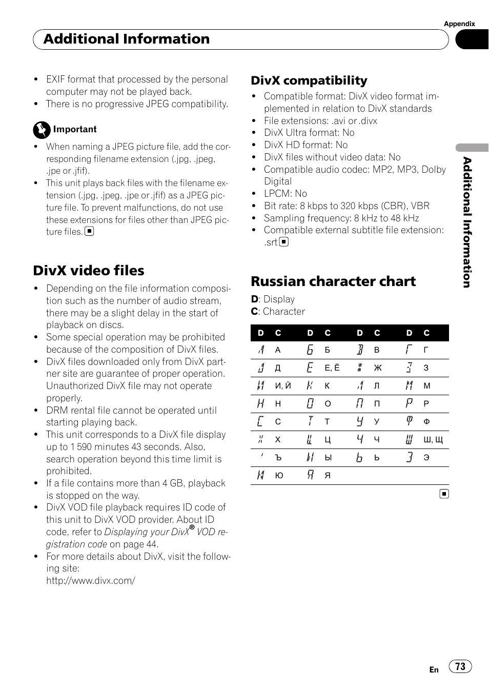 Divx video files, Divx compatibility 73, Russian character chart | Additional information, Divx compatibility | Pioneer DVH-P4100UB User Manual | Page 73 / 81