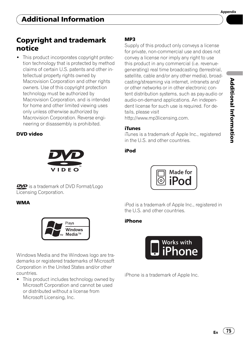 Copyright and trademark notice, Additional information | Pioneer DVH-P4100UB User Manual | Page 75 / 81