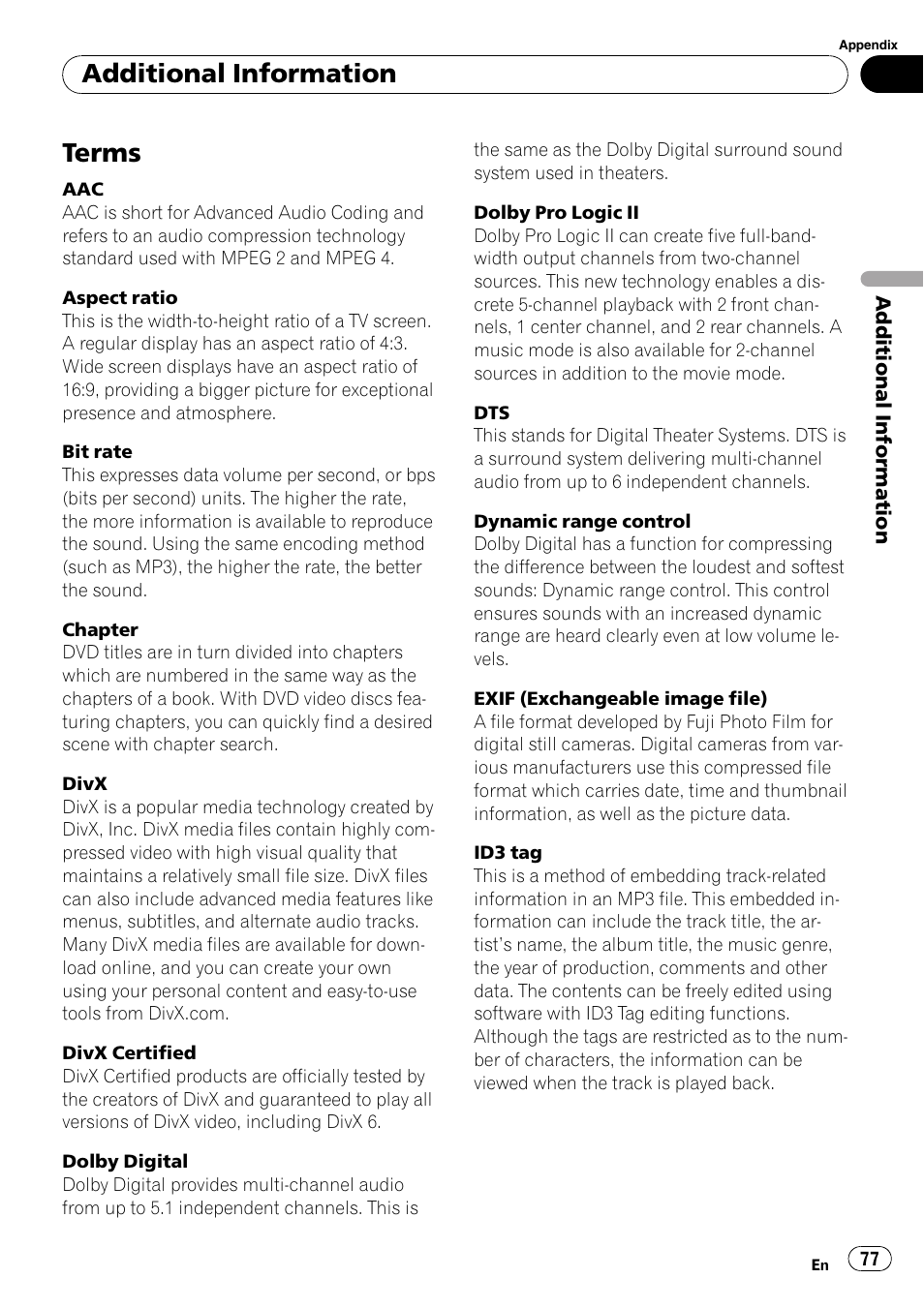 Terms, Additional information | Pioneer DVH-P4100UB User Manual | Page 77 / 81