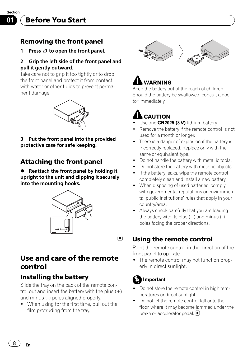 Removing the front panel 8, Attaching the front panel 8, Use and care of the remote control | Installing the battery 8, Using the remote control 8, Before you start, Removing the front panel, Attaching the front panel, Installing the battery, Using the remote control | Pioneer DVH-P4100UB User Manual | Page 8 / 81