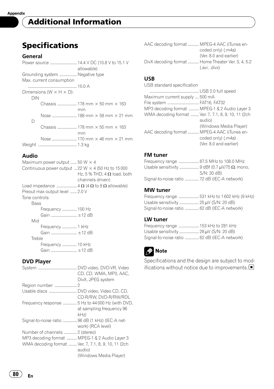 Specifications, Additional information | Pioneer DVH-P4100UB User Manual | Page 80 / 81