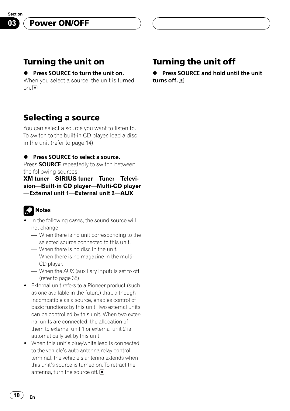 Turning the unit on, Selecting a source, Turning the unit off | Power on/off | Pioneer DEH-P3800MP User Manual | Page 10 / 148