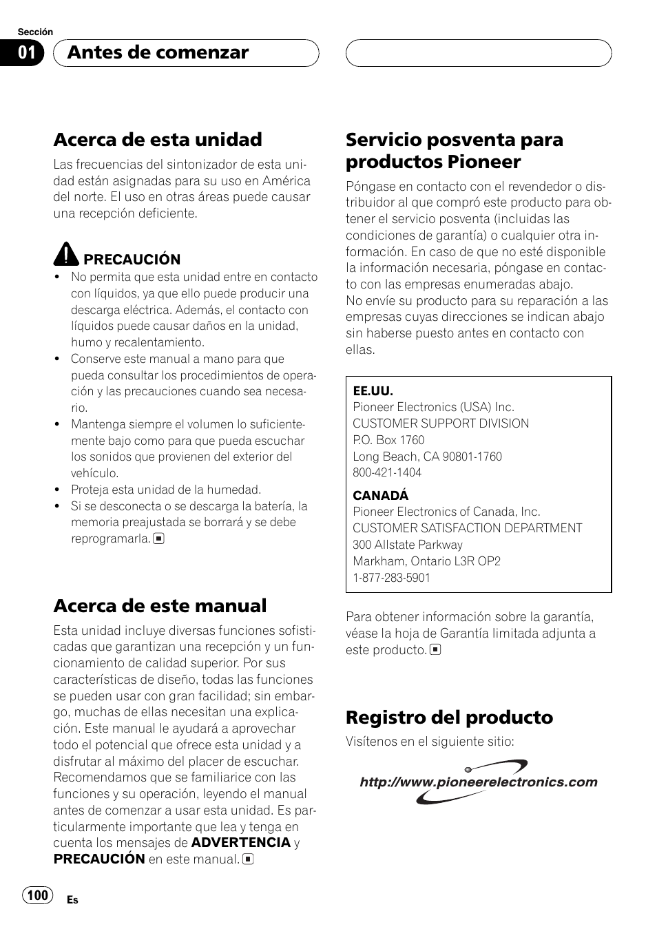 Antes de comenzar acerca de esta unidad 100, Acerca de este manual 100, Servicio posventa para productos | Pioneer 100, Registro del producto 100, Acerca de esta unidad, Acerca de este manual, Servicio posventa para productos pioneer, Registro del producto, Antes de comenzar | Pioneer DEH-P3800MP User Manual | Page 100 / 148