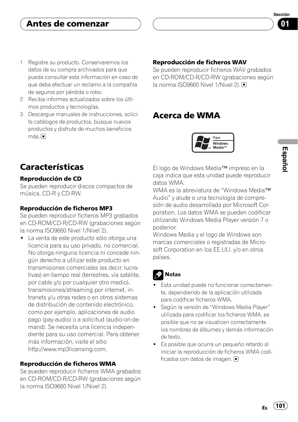 Características 101, Acerca de wma 101, Características | Acerca de wma, Antes de comenzar | Pioneer DEH-P3800MP User Manual | Page 101 / 148