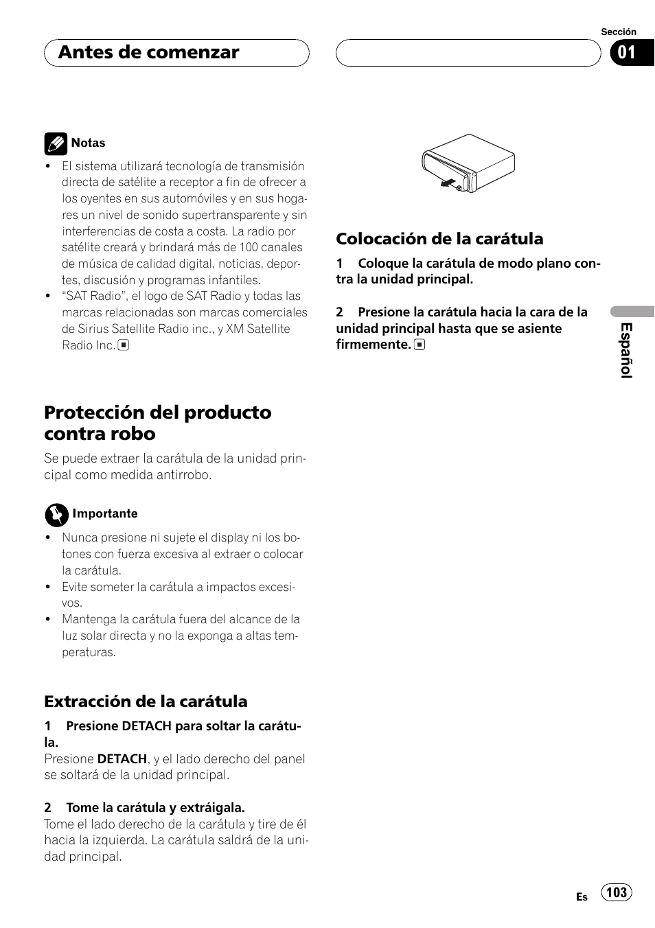 Protección del producto contra robo 103, Extracción de la carátula 103, Colocación de la carátula 103 | Protección del producto contra robo, Antes de comenzar | Pioneer DEH-P3800MP User Manual | Page 103 / 148