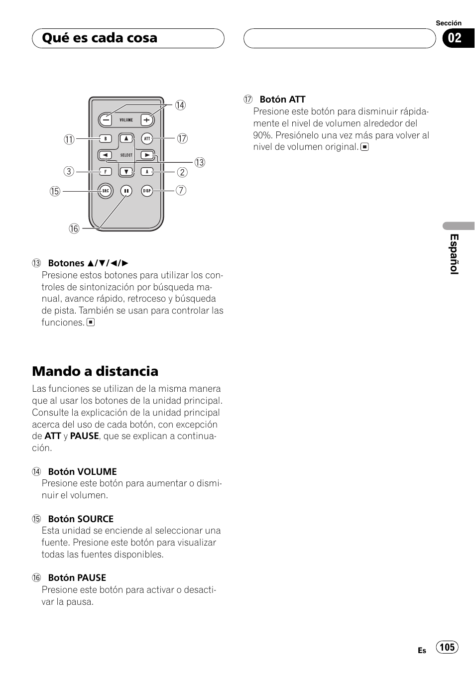 Mando a distancia 105, Mando a distancia, Qué es cada cosa | Pioneer DEH-P3800MP User Manual | Page 105 / 148