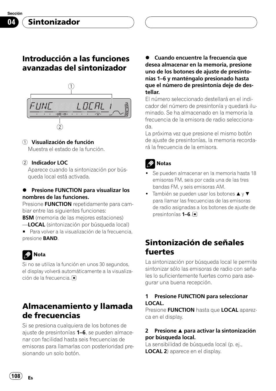 Introducción a las funciones avanzadas del, Sintonizador 108, Almacenamiento y llamada de | Frecuencias 108, Sintonización de señales fuertes 108, Almacenamiento y llamada de frecuencias, Sintonización de señales fuertes, Sintonizador | Pioneer DEH-P3800MP User Manual | Page 108 / 148