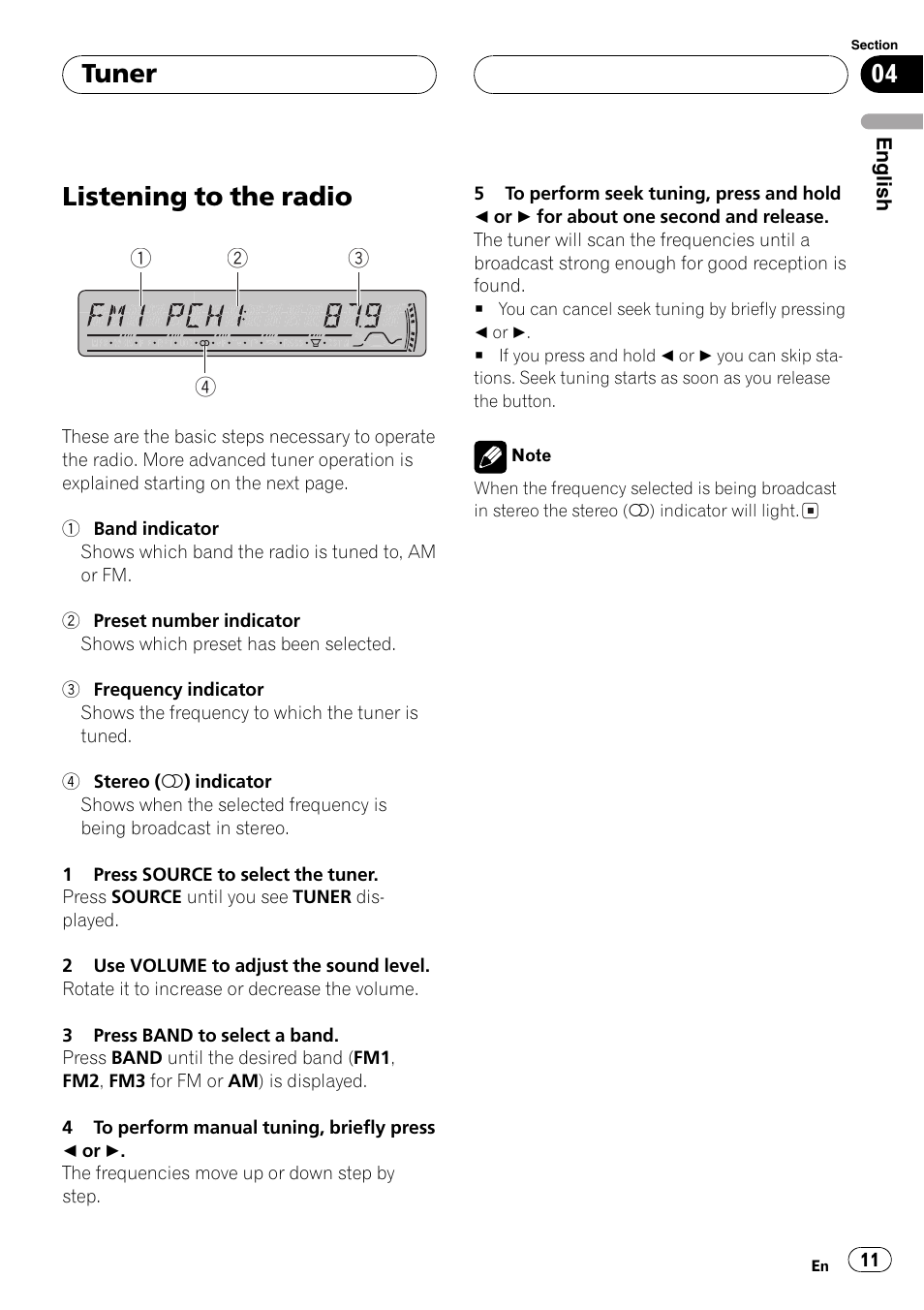 Tuner listening to the radio 11, Listening to the radio, Tuner | Pioneer DEH-P3800MP User Manual | Page 11 / 148