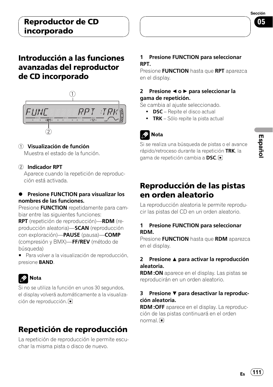 Introducción a las funciones avanzadas del, Reproductor de cd incorporado 111, Repetición de reproducción 111 | Reproducción de las pistas en orden, Aleatorio 111, Guiente, Repetición de reproducción, Reproducción de las pistas en orden aleatorio, Reproductor de cd incorporado | Pioneer DEH-P3800MP User Manual | Page 111 / 148