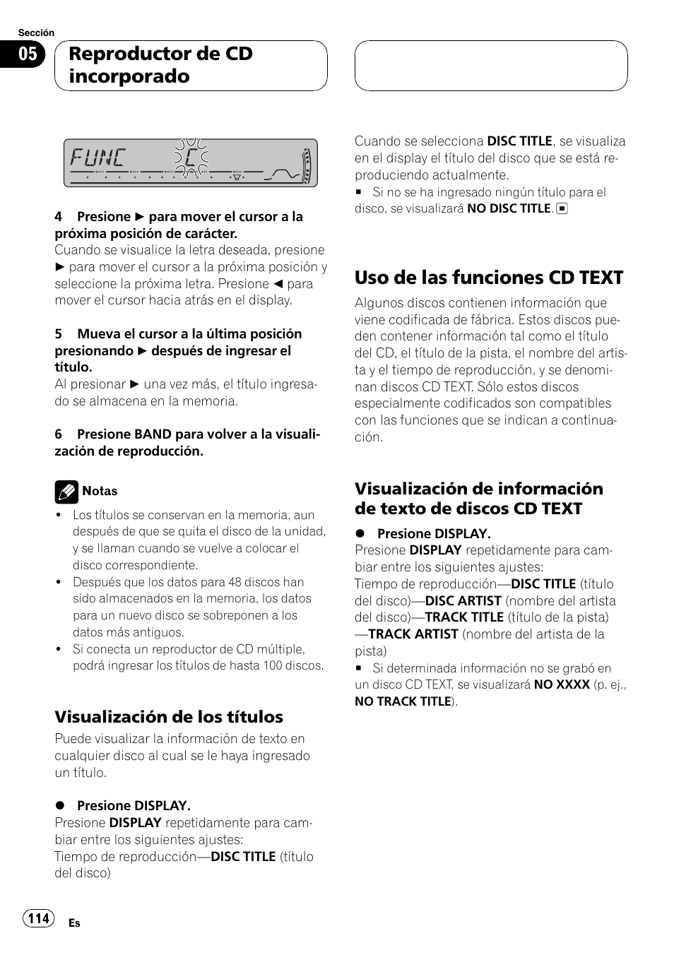 Visualización de los títulos 114, Uso de las funciones cd text 114, Visualización de información de texto | De discos cd text 114, Uso de las funciones cd text, Reproductor de cd incorporado, Visualización de los títulos | Pioneer DEH-P3800MP User Manual | Page 114 / 148