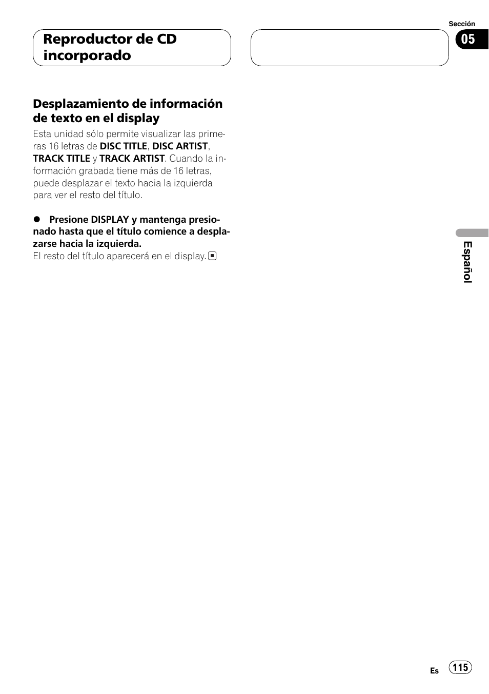 Desplazamiento de información de, Texto en el display 115, Reproductor de cd incorporado | Pioneer DEH-P3800MP User Manual | Page 115 / 148