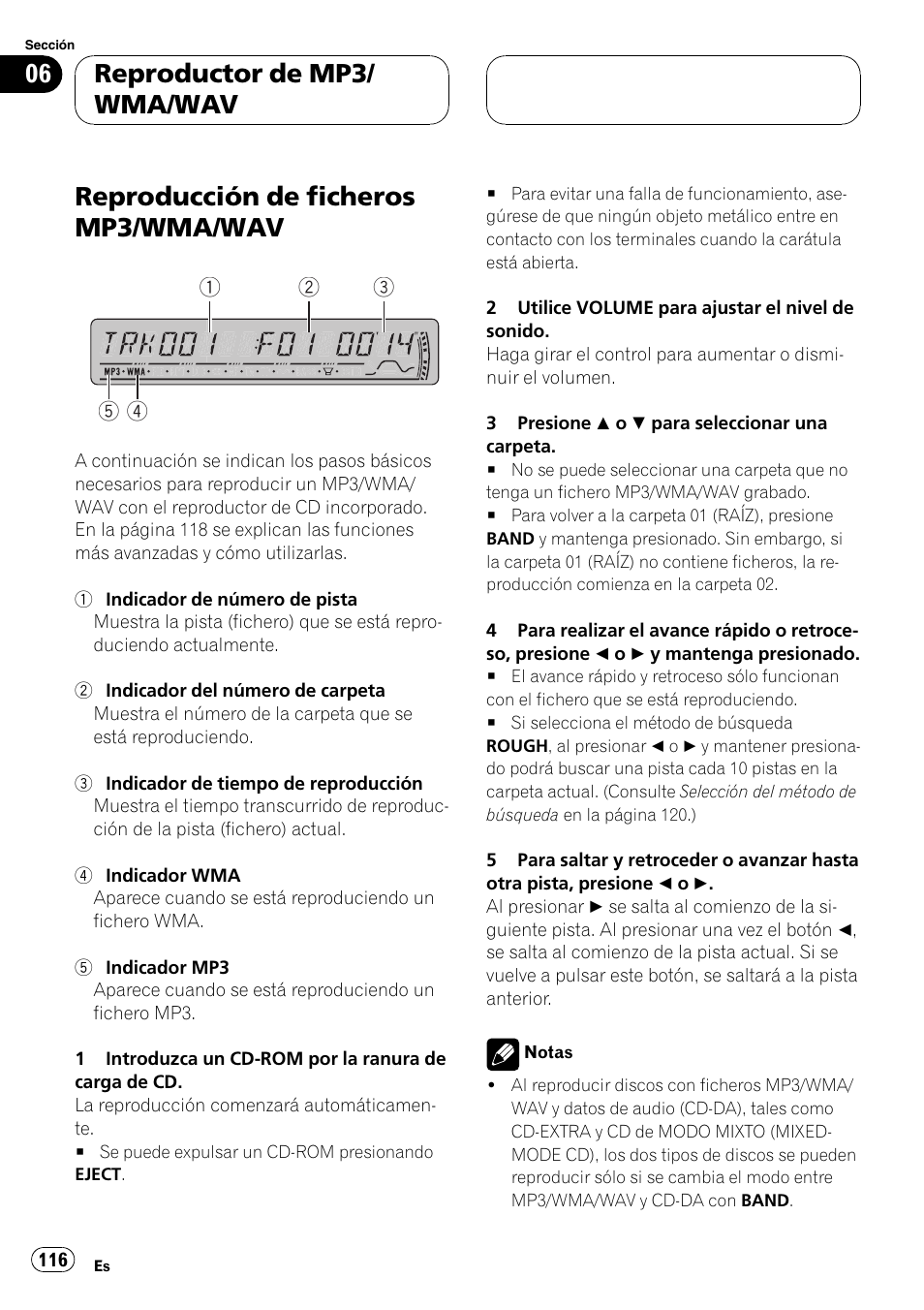 Reproductor de mp3/wma/wav, Reproducción de ficheros mp3/wma, Wav 116 | Reproducción de ficheros mp3/wma/wav, Reproductor de mp3/ wma/wav | Pioneer DEH-P3800MP User Manual | Page 116 / 148