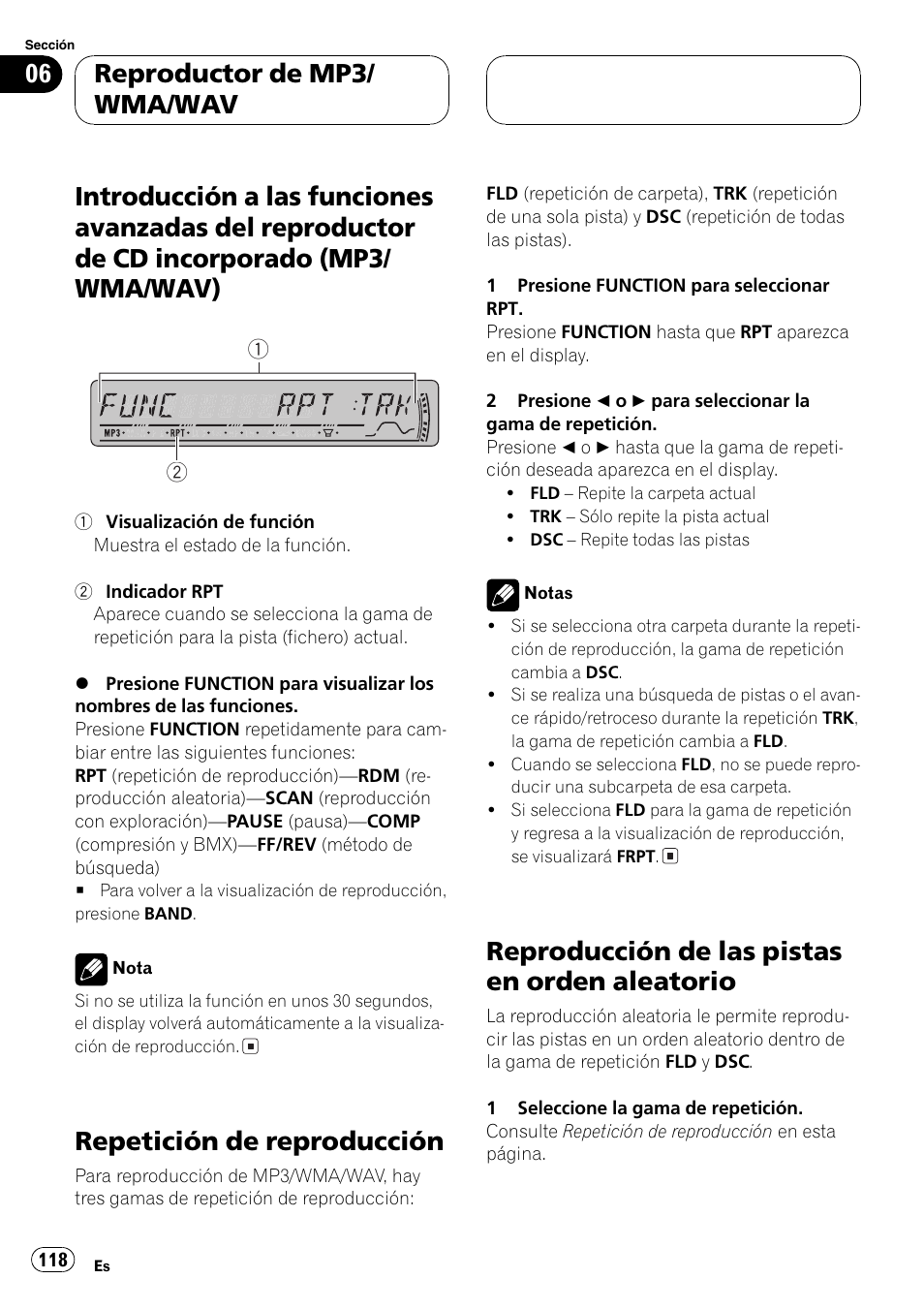 Introducción a las funciones avanzadas del, Reproductor de cd incorporado (mp3, Wma/wav) 118 | Repetición de reproducción 118, Reproducción de las pistas en orden, Aleatorio 118, Repetición de reproducción, Reproducción de las pistas en orden aleatorio, Reproductor de mp3/ wma/wav | Pioneer DEH-P3800MP User Manual | Page 118 / 148
