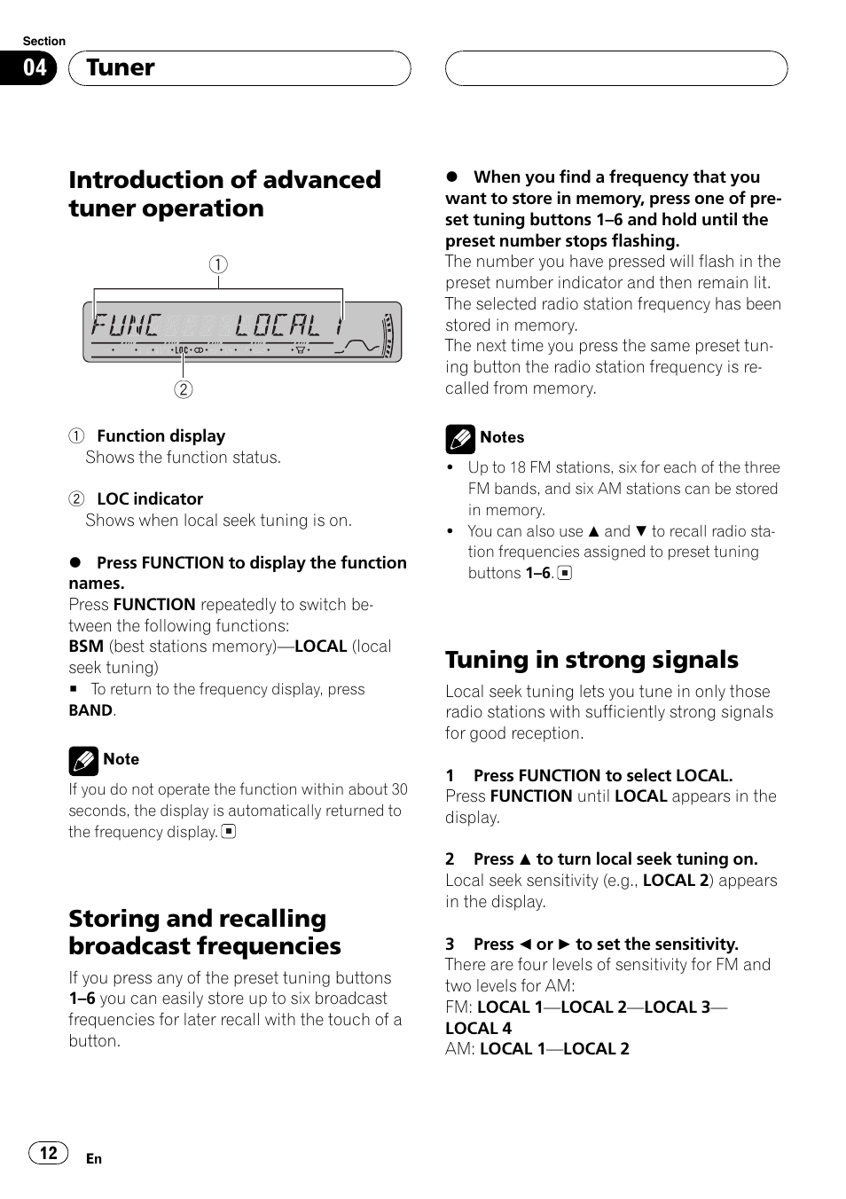 Introduction of advanced tuner, Operation 12, Storing and recalling broadcast | Frequencies 12, Tuning in strong signals 12, Introduction of advanced tuner operation, Storing and recalling broadcast frequencies, Tuning in strong signals, Tuner | Pioneer DEH-P3800MP User Manual | Page 12 / 148