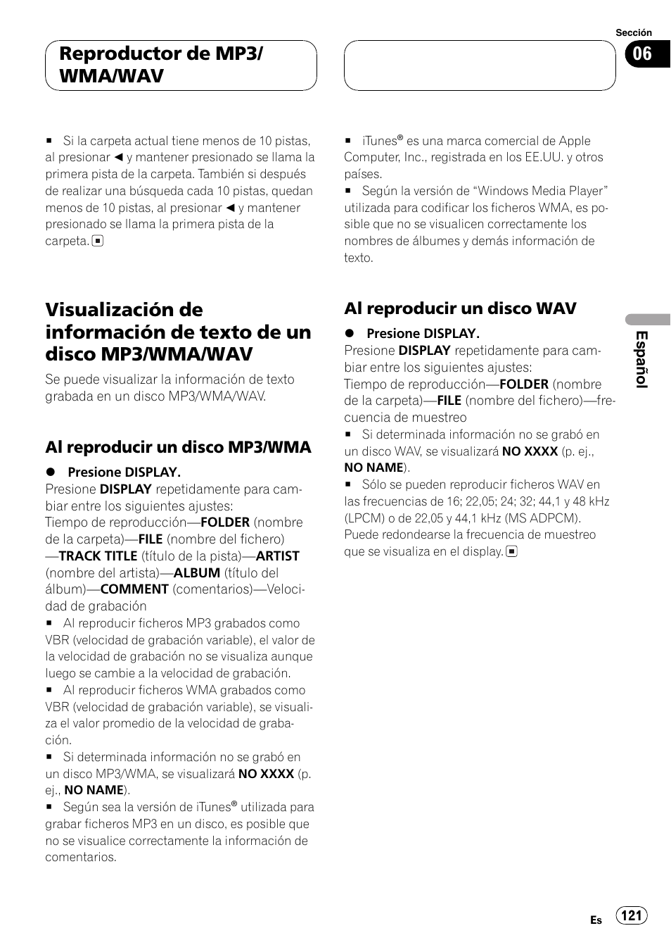 Visualización de información de texto de un, Disco mp3/wma/wav 121, Al reproducir un disco mp3 | Wma 121, Al reproducir un disco wav 121, Reproductor de mp3/ wma/wav | Pioneer DEH-P3800MP User Manual | Page 121 / 148
