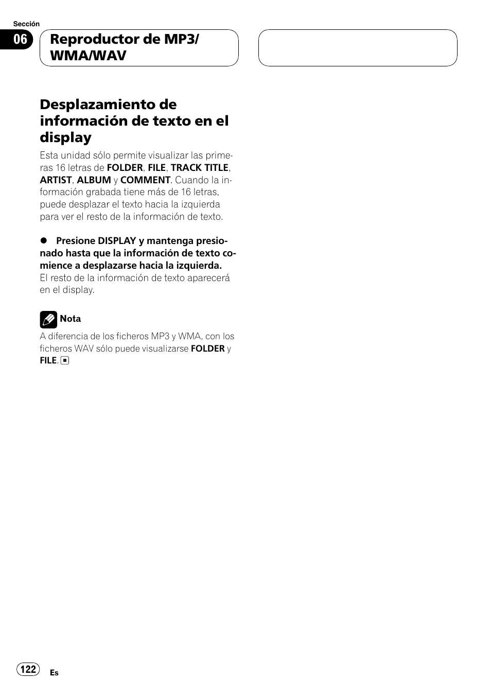 Desplazamiento de información de texto en, El display 122, Reproductor de mp3/ wma/wav | Pioneer DEH-P3800MP User Manual | Page 122 / 148