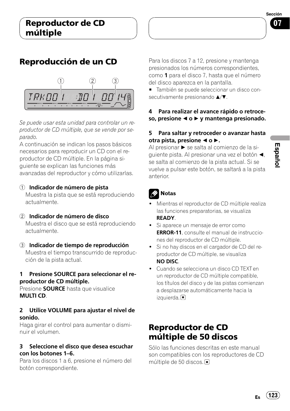 Reproductor de cd múltiple, Reproducción de un cd 123, Reproductor de cd múltiple de 50 | Discos 123, Reproducción de un cd, Reproductor de cd múltiple de 50 discos | Pioneer DEH-P3800MP User Manual | Page 123 / 148