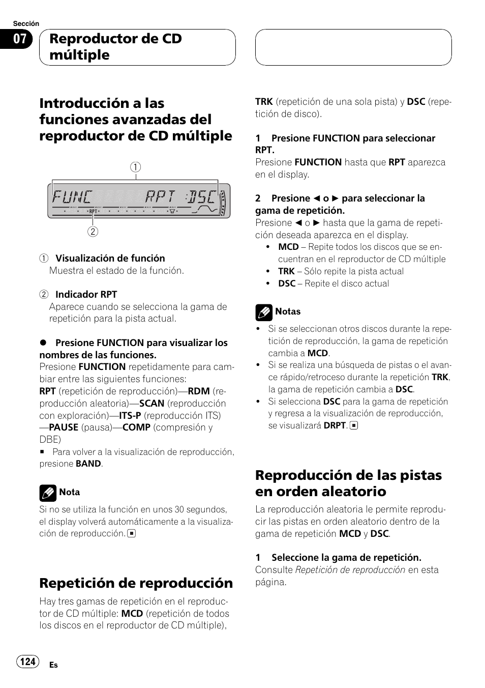 Introducción a las funciones avanzadas del, Reproductor de cd múltiple 124, Repetición de reproducción 124 | Reproducción de las pistas en orden, Aleatorio 124, Repetición de reproducción, Reproducción de las pistas en orden aleatorio, Reproductor de cd múltiple | Pioneer DEH-P3800MP User Manual | Page 124 / 148