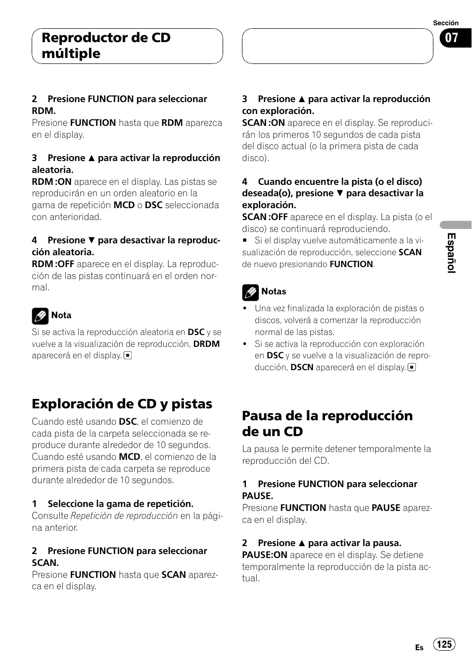 Exploración de cd y pistas 125, Pausa de la reproducción de un cd 125, Exploración de cd y pistas | Pausa de la reproducción de un cd, Reproductor de cd múltiple | Pioneer DEH-P3800MP User Manual | Page 125 / 148