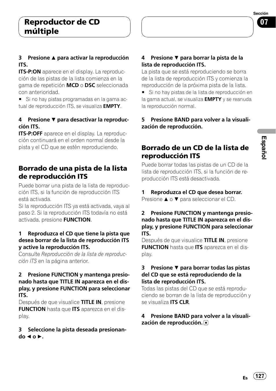 Borrado de una pista de la lista de, Reproducción its 127, Borrado de un cd de la lista de | Reproductor de cd múltiple, Borrado de un cd de la lista de reproducción its | Pioneer DEH-P3800MP User Manual | Page 127 / 148