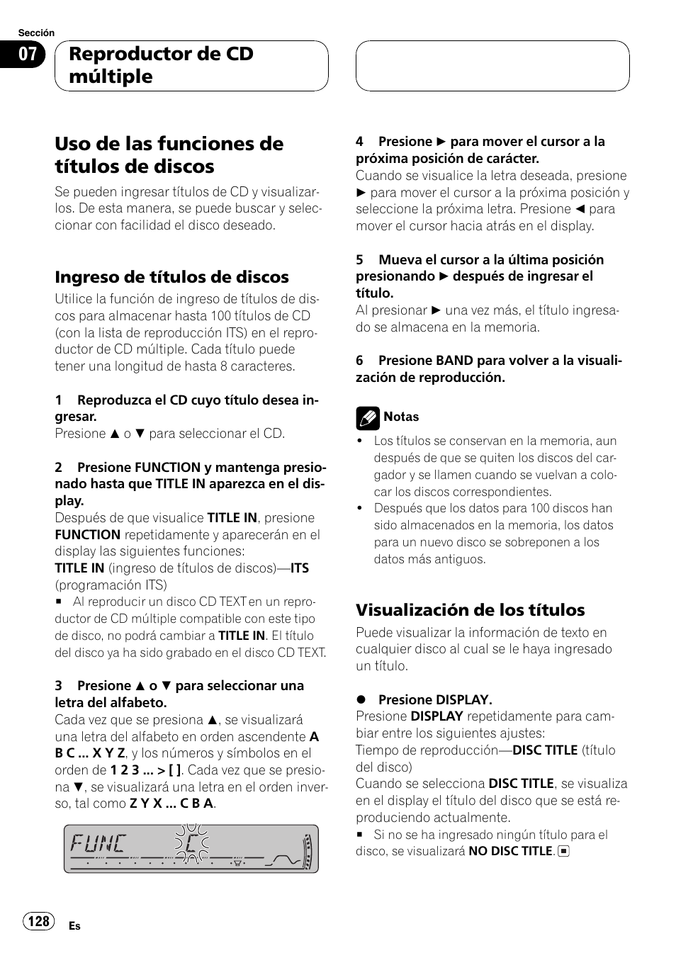 Uso de las funciones de títulos de, Discos 128, Ingreso de títulos de discos 128 | Visualización de los títulos 128, Uso de las funciones de títulos de discos, Reproductor de cd múltiple, Ingreso de títulos de discos, Visualización de los títulos | Pioneer DEH-P3800MP User Manual | Page 128 / 148