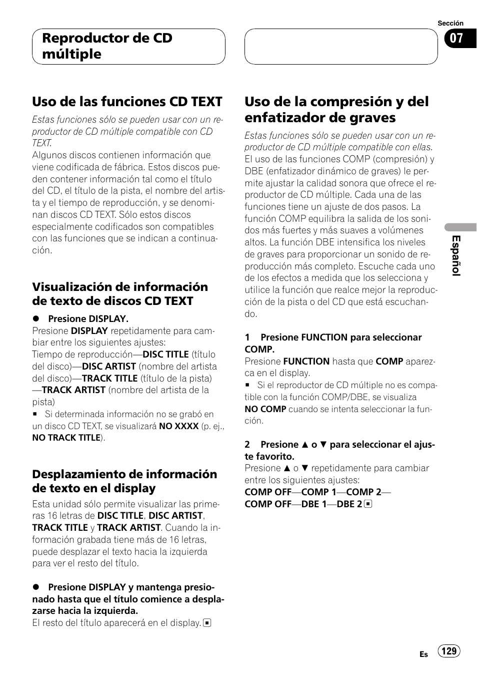 Uso de las funciones cd text 129, Visualización de información de texto, De discos cd text 129 | Desplazamiento de información de, Texto en el display 129, Uso de la compresión y del enfatizador de, Graves 129, Uso de las funciones cd text, Uso de la compresión y del enfatizador de graves, Reproductor de cd múltiple | Pioneer DEH-P3800MP User Manual | Page 129 / 148