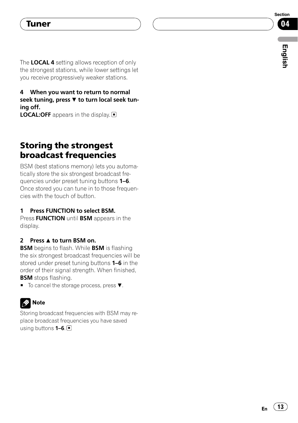 Storing the strongest broadcast, Frequencies 13, Storing the strongest broadcast frequencies | Tuner | Pioneer DEH-P3800MP User Manual | Page 13 / 148