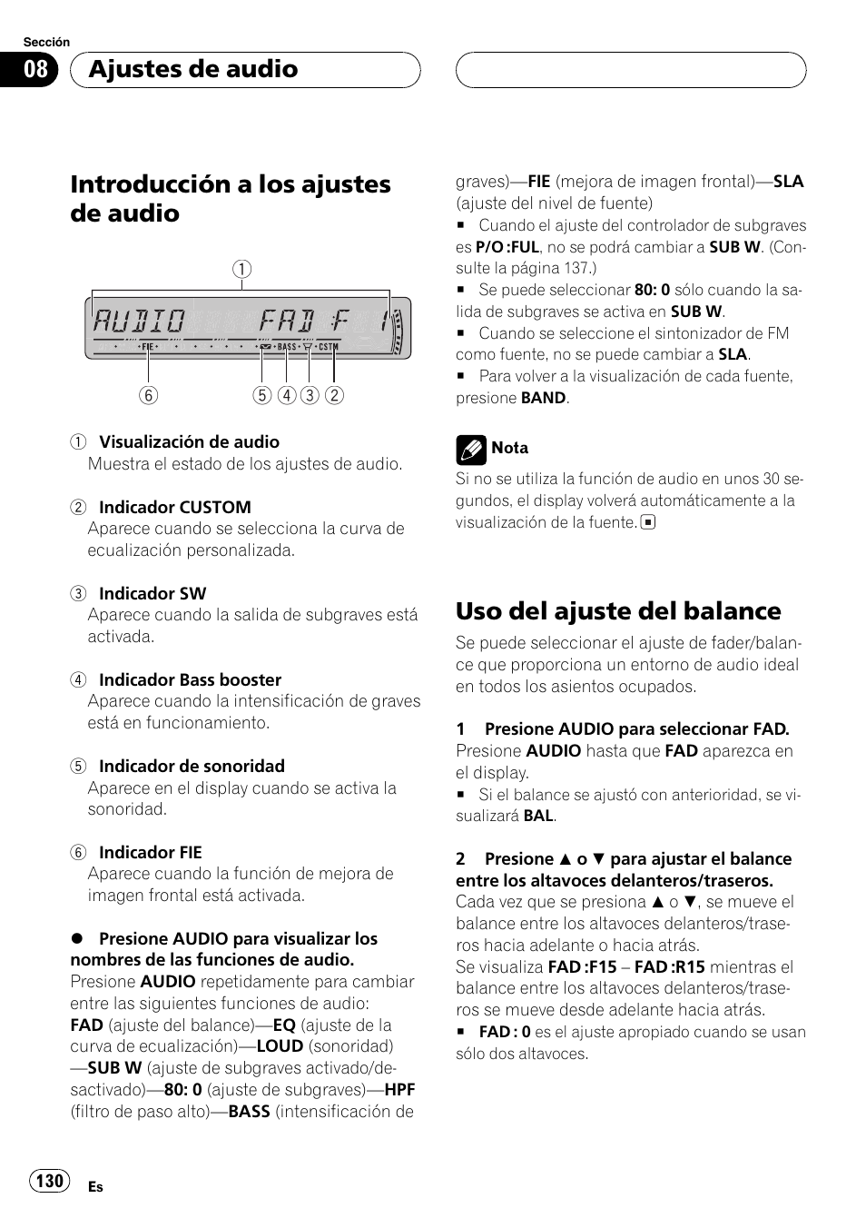 Ajustes de audio, Introducción a los ajustes de audio 130, Uso del ajuste del balance 130 | Introducción a los ajustes de audio, Uso del ajuste del balance | Pioneer DEH-P3800MP User Manual | Page 130 / 148