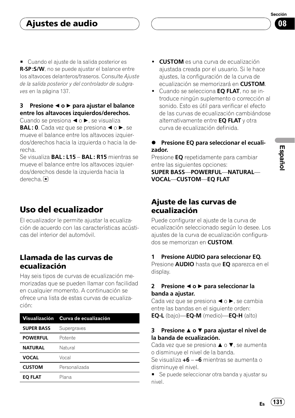 Uso del ecualizador 131, Llamada de las curvas de, Ecualización 131 | Ajuste de las curvas de, Uso del ecualizador, Ajustes de audio, Llamada de las curvas de ecualización, Ajuste de las curvas de ecualización | Pioneer DEH-P3800MP User Manual | Page 131 / 148