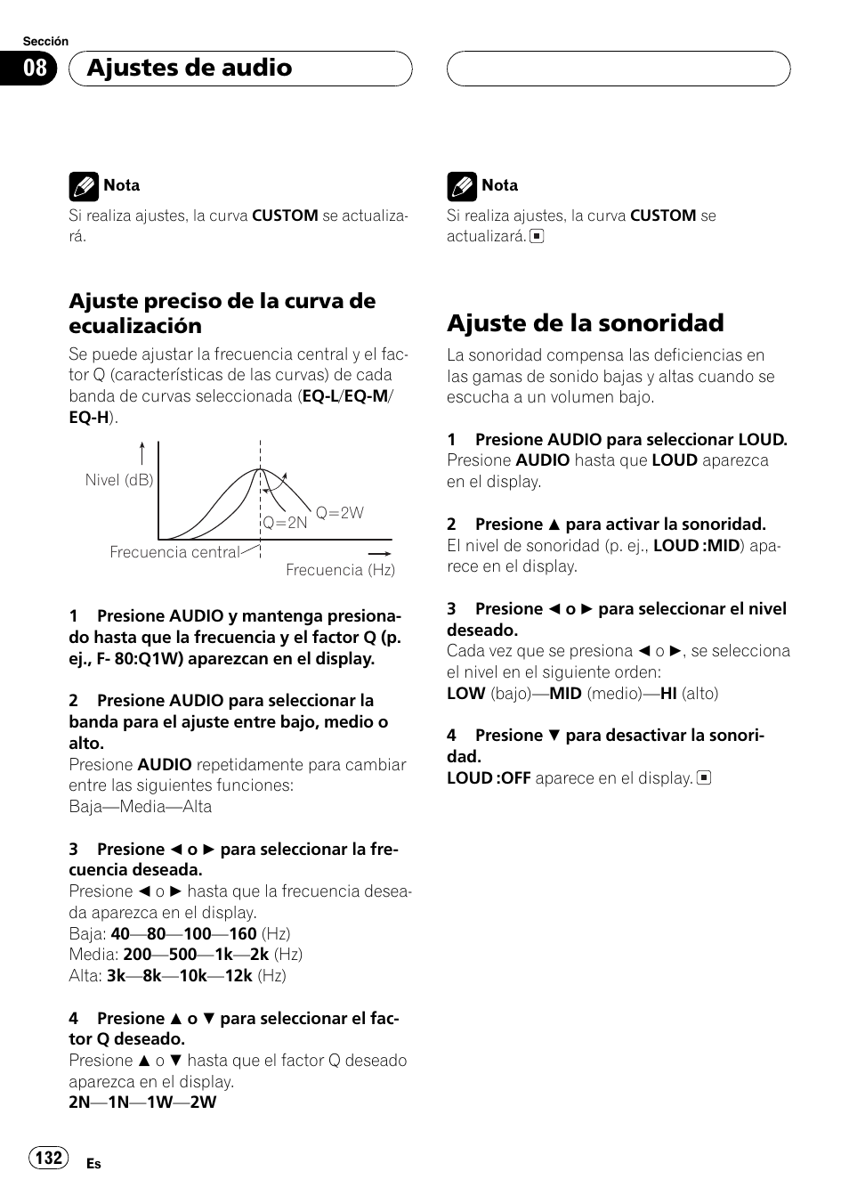 Ajuste preciso de la curva de, Ecualización 132, Ajuste de la sonoridad 132 | Ajuste de la sonoridad, Ajustes de audio, Ajuste preciso de la curva de ecualización | Pioneer DEH-P3800MP User Manual | Page 132 / 148