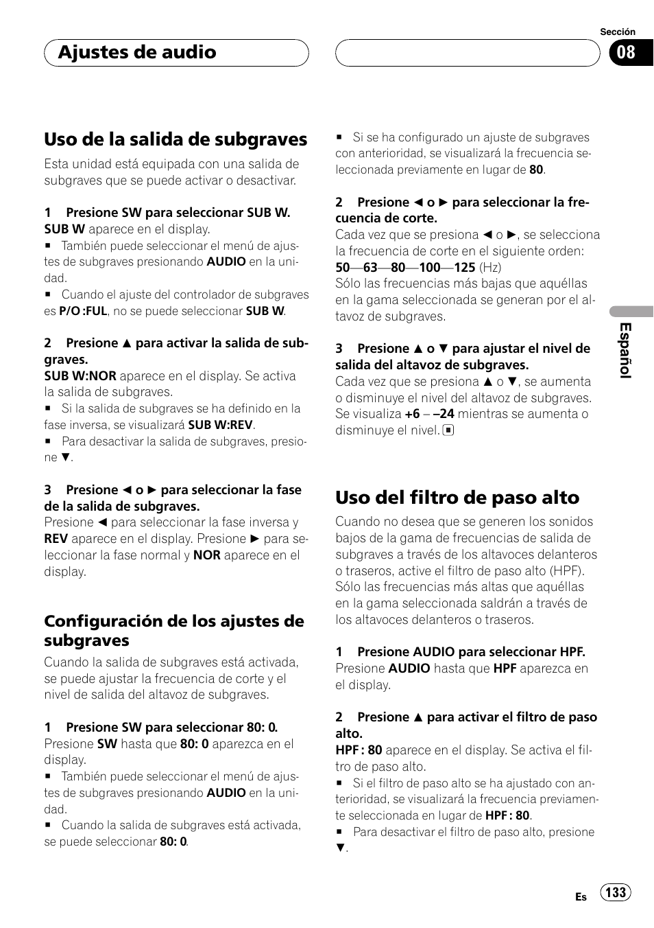 Uso de la salida de subgraves 133, Configuración de los ajustes de, Subgraves 133 | Uso del filtro de paso alto 133, Uso de la salida de subgraves, Uso del filtro de paso alto, Ajustes de audio, Configuración de los ajustes de subgraves | Pioneer DEH-P3800MP User Manual | Page 133 / 148
